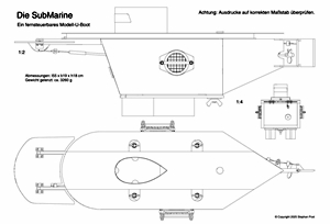 Bauplan 3-Seitenansicht für RC-Modell U-Boot 'SubMarine'